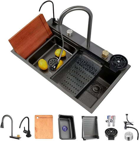 Tarja de Acero Inoxidable 68x45 cm | Fregadero Multifuncional con Grifo Desplegable, Rejilla de Enjuague, Tabla para Picar y Tina con Coladera | Diseño Moderno y Resistente, Fácil de Instalar y Limpiar | Ideal para Cocinas Prácticas y Elegantes