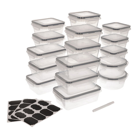 Set Brandtrendy de 16 recipientes herméticos de plástico libre de BPA, apilables y transparentes, con tapas herméticas liga negra. Aptos para microondas, refrigerador y lavavajillas. Incluye etiquetas y plumón para una organización eficiente.