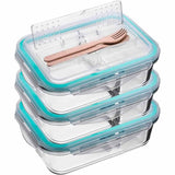 Juego Brandtrendy de 3 recipientes de vidrio con tapas herméticas y divisiones para Meal Prep. Aptos para microondas, refrigerador y lavavajillas. Ideales para almacenar y transportar alimentos sin derrames. Incluye cubiertos en la tapa