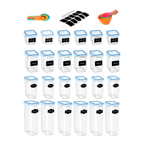 Set Brandtrendy de 24 Recipientes Organizadores Herméticos para Cocina con tapas de liga azul. Plástico libre de BPA. Incluye etiquetas reutilizables, plumón y set de tazas y cucharas medidoras.