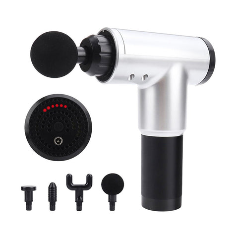 Masajeador Muscular Brandtrendy Color Plata | 6 Velocidades | 4 Cabezales Intercambiables | Alivio del Dolor y Recuperación Muscular | Silencioso y Portátil