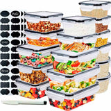 Set Brandtrendy de 16 recipientes herméticos de plástico libre de BPA, apilables y transparentes, con tapas herméticas liga negra. Aptos para microondas, refrigerador y lavavajillas. Incluye etiquetas y plumón para una organización eficiente.