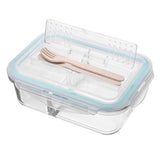 Juego Brandtrendy de 3 recipientes de vidrio con tapas herméticas y divisiones para Meal Prep. Aptos para microondas, refrigerador y lavavajillas. Ideales para almacenar y transportar alimentos sin derrames. Incluye cubiertos en la tapa