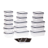 Set Brandtrendy de 16 recipientes herméticos de plástico libre de BPA, apilables y transparentes, con tapas herméticas liga negra. Aptos para microondas, refrigerador y lavavajillas. Incluye etiquetas y plumón para una organización eficiente.