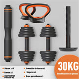 Kit Brandtrendy Mancuernas 6 en 1 de 30 KG Multifuncional con Peso Ajustable. Convertible es Mancuernas, Barra Larga, Pesas Rusas. Diseño compacto, seguro y versátil para entrenar en casa o gimnasio.