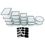 Set Brandtrendy de 16 recipientes herméticos de plástico libre de BPA, apilables y transparentes, con tapas herméticas liga negra. Aptos para microondas, refrigerador y lavavajillas. Incluye etiquetas y plumón para una organización eficiente.
