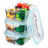 Juego Brandtrendy de 3 recipientes de vidrio con tapas herméticas y divisiones para Meal Prep. Aptos para microondas, refrigerador y lavavajillas. Ideales para almacenar y transportar alimentos sin derrames. Incluye cubiertos en la tapa