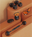 Kit Brandtrendy Mancuernas 6 en 1 de 30 KG Multifuncional con Peso Ajustable. Convertible es Mancuernas, Barra Larga, Pesas Rusas. Diseño compacto, seguro y versátil para entrenar en casa o gimnasio.