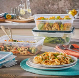 Set Brandtrendy de 16 recipientes herméticos de plástico libre de BPA, apilables y transparentes, con tapas herméticas liga negra. Aptos para microondas, refrigerador y lavavajillas. Incluye etiquetas y plumón para una organización eficiente.