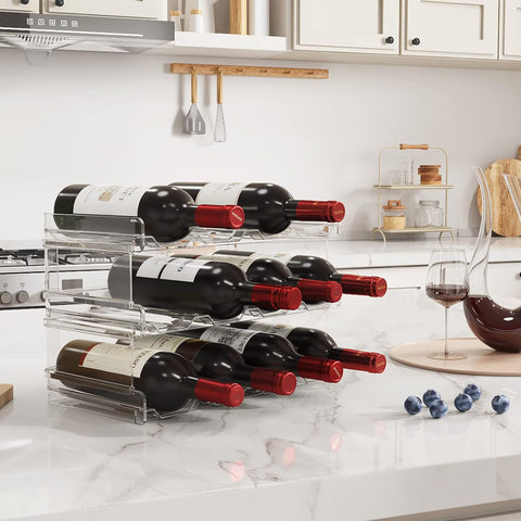 Estante Portabotellas Brandtrendy de Acrílico, 3 Niveles para Vino, Aceites y Termos. Organizador Transparente, Resistente y Elegante para Cocina, Bar y Comedor. Capacidad de hasta 12 botellas, fácil de limpiar y ligero para mover.