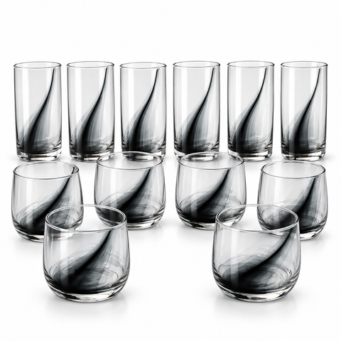 Juego de 12 Vasos de Vidrio Remolino Negro