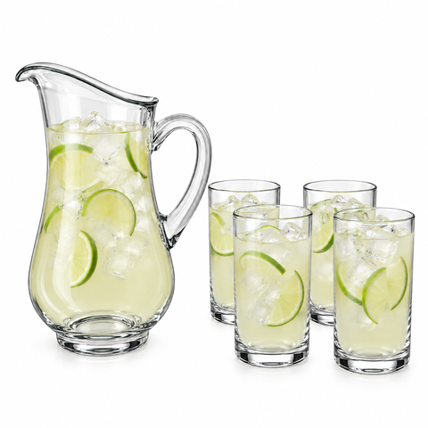 Brandtrendy Juego de Jarra con Asa y 4 Vasos Altos de Vidrio Transparente para Agua y Bebidas,