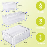 Set de 10 Organizadores Brandtrendy de Plástico para Refrigerador, Apilables con Tapa, Transparente, Libres de BPA, Optimización de Espacio, Multiusos para Despensa y Alacena