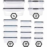 Set Brandtrendy de 16 recipientes herméticos de plástico libre de BPA, apilables y transparentes, con tapas herméticas liga negra. Aptos para microondas, refrigerador y lavavajillas. Incluye etiquetas y plumón para una organización eficiente.