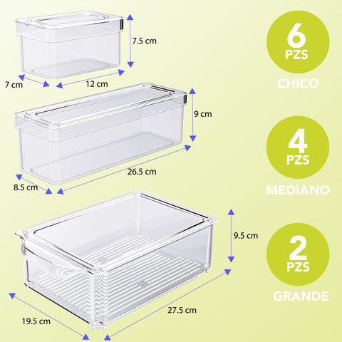 Paquete de 12 Contenedores Apilables para Refrigerador, Libres de BPA y con Tapas Transparentes para Almacenamiento de Frutas, Alimentos, Bebidas, Verduras y Más con base antideslizante