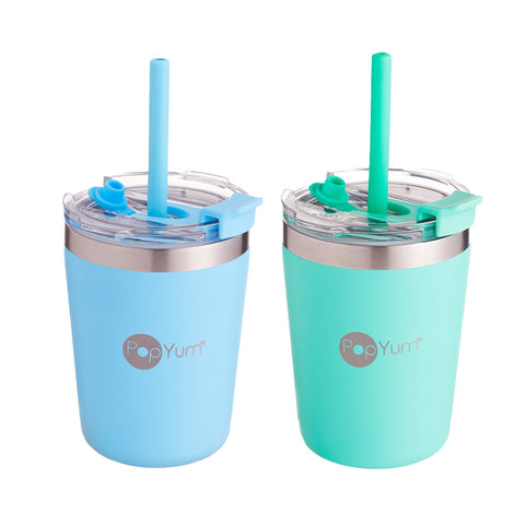 Set de 2 Vasos Térmicos Infantiles de Acero Inoxidable con Tapa y Popote 9oz / 260ml Azul y Verde