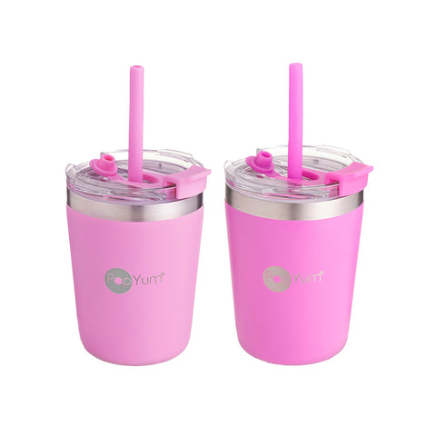 Set de 2 Vasos Térmicos Infantiles de Acero Inoxidable con Tapa y Popote 9oz / 260ml Rosa y Morado
