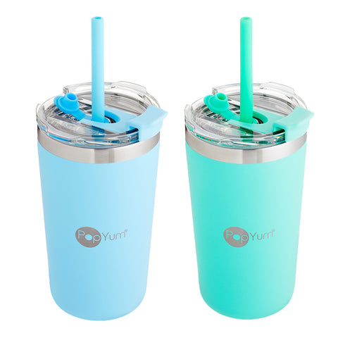 Set de 2 Vasos Térmicos de Acero Inoxidable con Tapa y Popote 13oz / 2380 ml Azul y Verde PopYum
