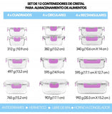 Set Brandtrendy de 12 recipientes de vidrio templado con tapa hermética rosa, resistentes a frío y calor. Aptos para microondas, congelador y lavavajillas. Libre de BPA. Ideal para almacenar y transportar alimentos sin derrames.