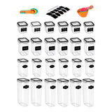 Set Brandtrendy de 24 recipientes organizadores herméticos con tapa de liga negra. Diseño apilable, libre de BPA, ideal para almacenar alimentos secos y líquidos. Incluye etiquetas reutilizables, plumón y juego de tazas y cucharas medidoras.