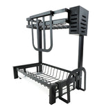 Escurridor de Cocina Compacto Brandtrendy, Doble nivel, Color Negro, con portacuchillos, portacubiertos y rejilla para tabla de picar. Fabricado en acero inoxidable resistente a la corrosión, con diseño moderno y montaje fácil