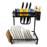 Escurridor de Cocina Compacto Brandtrendy, Doble nivel, Color Negro, con portacuchillos, portacubiertos y rejilla para tabla de picar. Fabricado en acero inoxidable resistente a la corrosión, con diseño moderno y montaje fácil