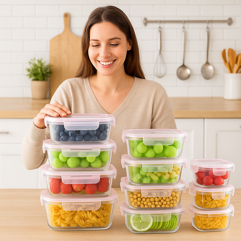 Set Brandtrendy de 12 recipientes de vidrio templado con tapa hermética rosa, resistentes a frío y calor. Aptos para microondas, congelador y lavavajillas. Libre de BPA. Ideal para almacenar y transportar alimentos sin derrames.