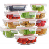 Set Brandtrendy de 12 recipientes de vidrio templado con tapa hermética rosa, resistentes a frío y calor. Aptos para microondas, congelador y lavavajillas. Libre de BPA. Ideal para almacenar y transportar alimentos sin derrames.