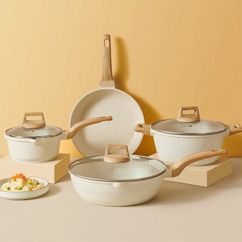 Batería de Cocina Brandtrendy de Granito Blanco Antiadherente 10 piezas | Set de Ollas, Sartenes y Tapas para Cocinar | Libre de PFOA | Apto para cocina de inducción | Fácil de limpiar