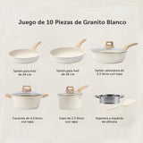 Batería de Cocina Brandtrendy de Granito Blanco Antiadherente 10 piezas | Set de Ollas, Sartenes y Tapas para Cocinar | Libre de PFOA | Apto para cocina de inducción | Fácil de limpiar