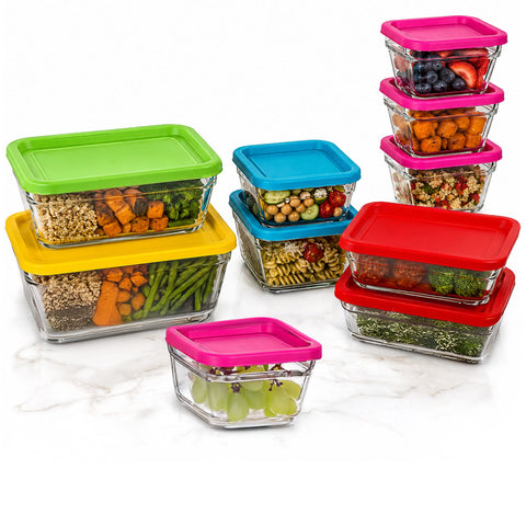 Juego de 10 Piezas de Vidrio con Tapas de Colores, Recipientes para Almacenar Alimentos, Aptos para Microondas, Refrigerador, Congelador y Lavavajillas