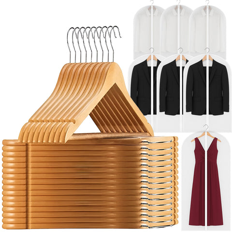 Set Brandtrendy 25 ganchos de madera y 7 cubre polvos para Colgar Ropa. Cabezal 360°, Muescas Antideslizantes y Barra para Pantalones