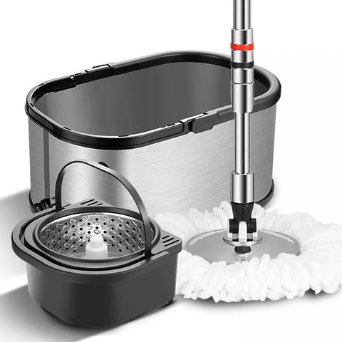 Cubeta con Trapeador Mop Brandtrendy | Color Plata | Exprimidor Manos Libres | Mango Extensible de Acero | Cabezal 360° | Incluye Mop de Microfibra Extra | Sistema de Drenaje Fácil | Limpieza sin Esfuerzo