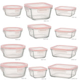 Set Brandtrendy de 12 recipientes de vidrio templado con tapa hermética rosa, resistentes a frío y calor. Aptos para microondas, congelador y lavavajillas. Libre de BPA. Ideal para almacenar y transportar alimentos sin derrames.