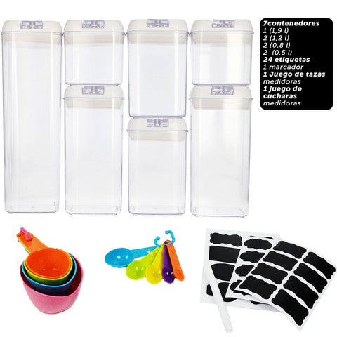 Juego Brandtrendy de 7 Contenedores Herméticos de Plástico para Almacenamiento de Alimentos, Apilables y Transparentes. Sellado a prueba de fugas, libre de BPA, ideal para despensa y refrigerador. Incluye etiquetas reutilizables y marcador.