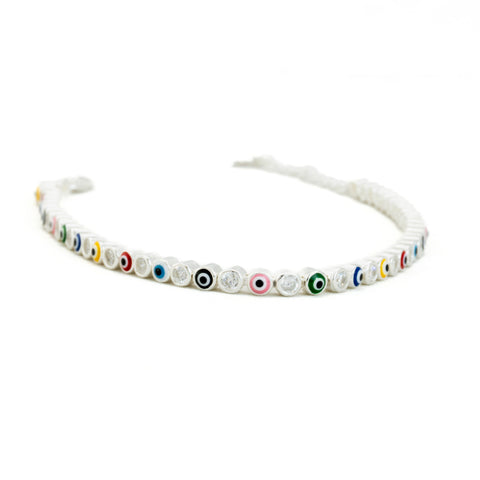 Pulsera Artesanal de Plata Ley 925 Otras Manos con Ojos de Zirconias Multicolor Engastadas, Broche Tipo Langosta y Placa de Corazón, elaborada en Taxco, Guerrero, por el taller Antonio Vázquez, Cadena Unisex Hecha a Mano