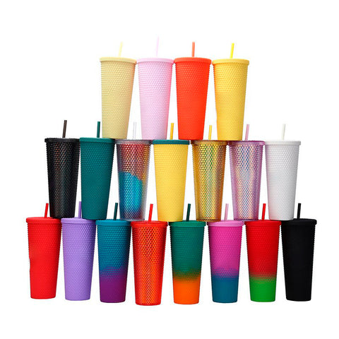 Vaso Texturizado con Popote 710ml | 1 pieza | Diseño Aesthetic de Tachuelas con Variedad de Colores | Con Tapa de Rosca | Reutilizable y Doble Pared | Agarre firme | Apto para Escuela, Gym, Picnic, Trabajo
