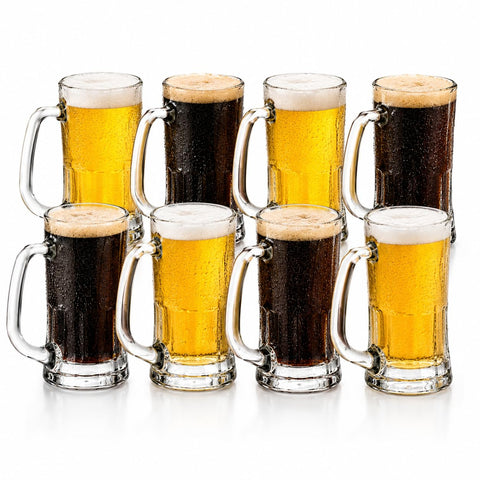Brandtrendy Juego de 8 Tarros Cerveceros de Vidrio 444 ml con Asa, Jarras para Cerveza Tipo Alemán, Vasos Resistentes para Micheladas, Refrescos, Bar, Restaurante y Hogar