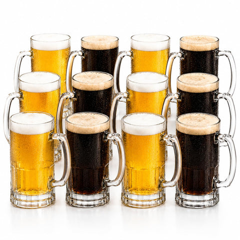 Brandtrendy Juego de 12 Tarros Cerveceros de Vidrio 1 Litro con Asa, Jarras para Cerveza Tipo Alemán, Tarros Resistentes para Micheladas, Refrescos, Bar, Restaurante y Reuniones