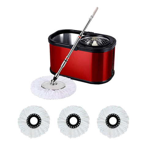 Kit para Limpieza Brandtrendy Cubeta Roja Giratoria con Exprimidor Manos Libres Color Rojo con Trapeador de Acero Inoxidable con Mango Extensible y 3 Repuestos de Microfibra