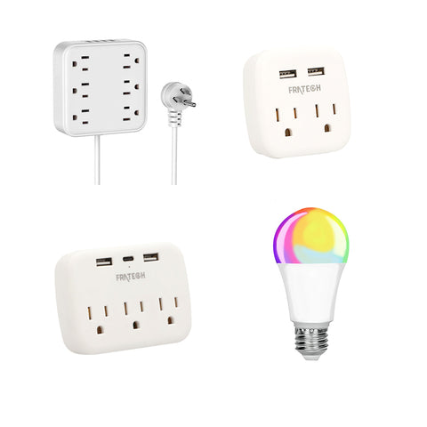 Kit Fratech y Brandtrendy con 3 multicontactos eléctricos (USB, CA, tipo C, protección 1200J) + foco inteligente WiFi RGB con control por app y voz