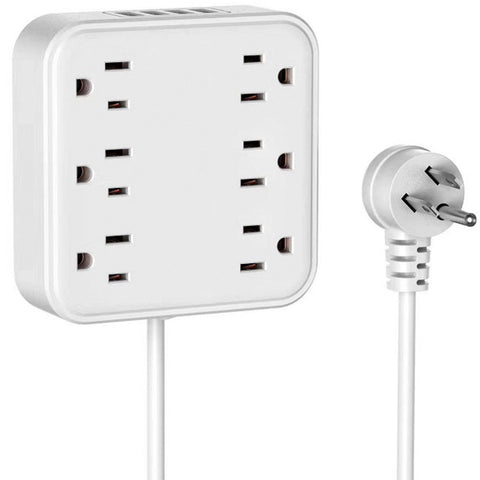 Multicontacto Fratech con 6 tomas CA y 4 puertos USB. Protección contra sobre tensiones de 1200J. Cable de 1.5m, diseño compacto y orificios para montaje en pared. Ideal para oficina, hogar y viajes.