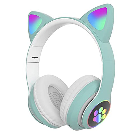 Brandtrendy Audífonos Auriculares Bluetooth inalámbricos con Forma de Orejas de Gato Plegables y portátiles con Control de Volumen y luz LED Conexión Estable y Sonido Claro para niños y niñas (Verde)