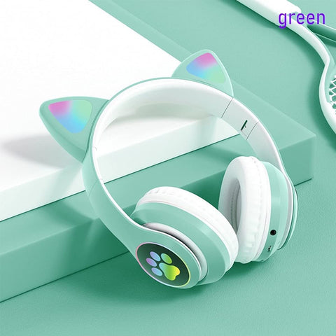 Audífonos De Gato Bluetooth Inalámbricos Led Con Microfono Verde