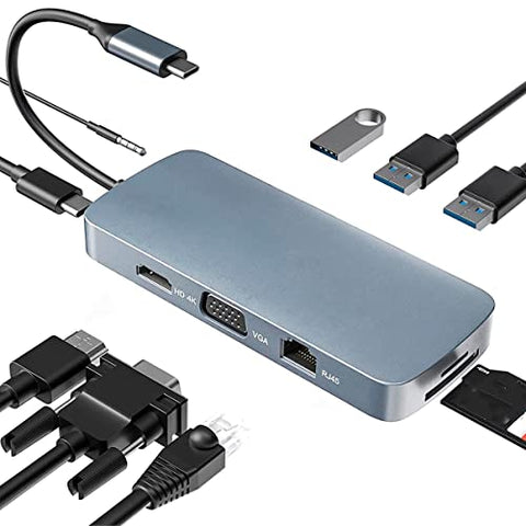 HUB 10 en 1 USB C Adaptador Universal con 100W Power Delivery, USB-C HDMI 4K, 5Gbps USB-C Puerto de datos, Interfaz de audio 3.5mm, lector de tarjetas SD / TF, Con VGA, entrada RJ45 Gigabit Ethernet