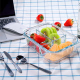 Juego Brandtrendy de 3 recipientes de vidrio con tapas herméticas y divisiones para Meal Prep. Aptos para microondas, refrigerador y lavavajillas. Ideales para almacenar y transportar alimentos sin derrames. Incluye cubiertos en la tapa