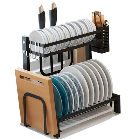 Escurridor de Cocina Compacto Brandtrendy, Doble nivel, Color Negro, con portacuchillos, portacubiertos y rejilla para tabla de picar. Fabricado en acero inoxidable resistente a la corrosión, con diseño moderno y montaje fácil