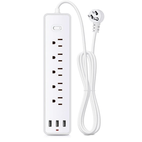 Multicontacto Fratech con 5 salidas, 3 puertos USB y protección contra sobrecargas. Diseño compacto con botón de encendido, materiales resistentes al fuego y orificios para montaje en pared. Ideal para hogar y oficina