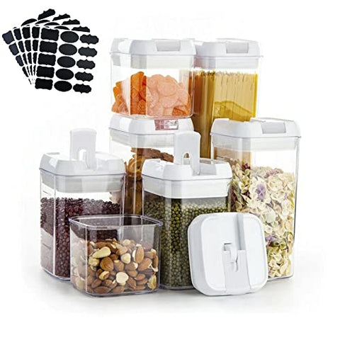 Juego de contenedores herméticos de plástico transparente, 7 piezas, sin BPA, ideales para almacenamiento de alimentos con tapas de fácil bloqueo, incluye 24 etiquetas