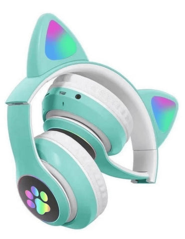 Brandtrendy Audífonos Auriculares Bluetooth inalámbricos con Forma de Orejas de Gato Plegables y portátiles con Control de Volumen y luz LED Conexión Estable y Sonido Claro para niños y niñas (Verde)